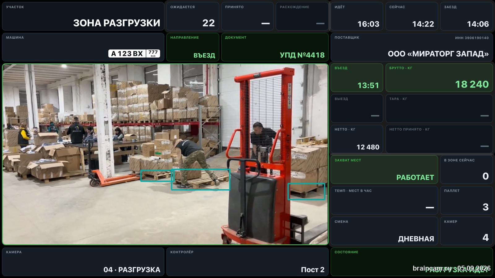 Экран зоны разгрузки: машина, документ, места, вес, темп